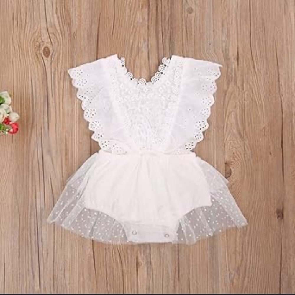White Lace Baby Romper with Tulle Skirt